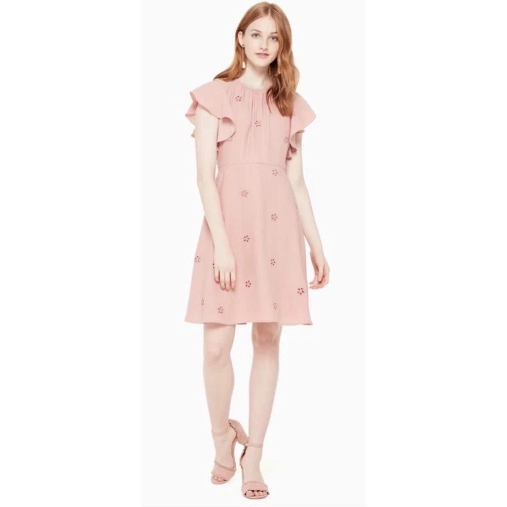 Kate Spade Dress Cutout Crepe Dress Pink Ruffle Eyelet Size 00 NEW Defaced‎